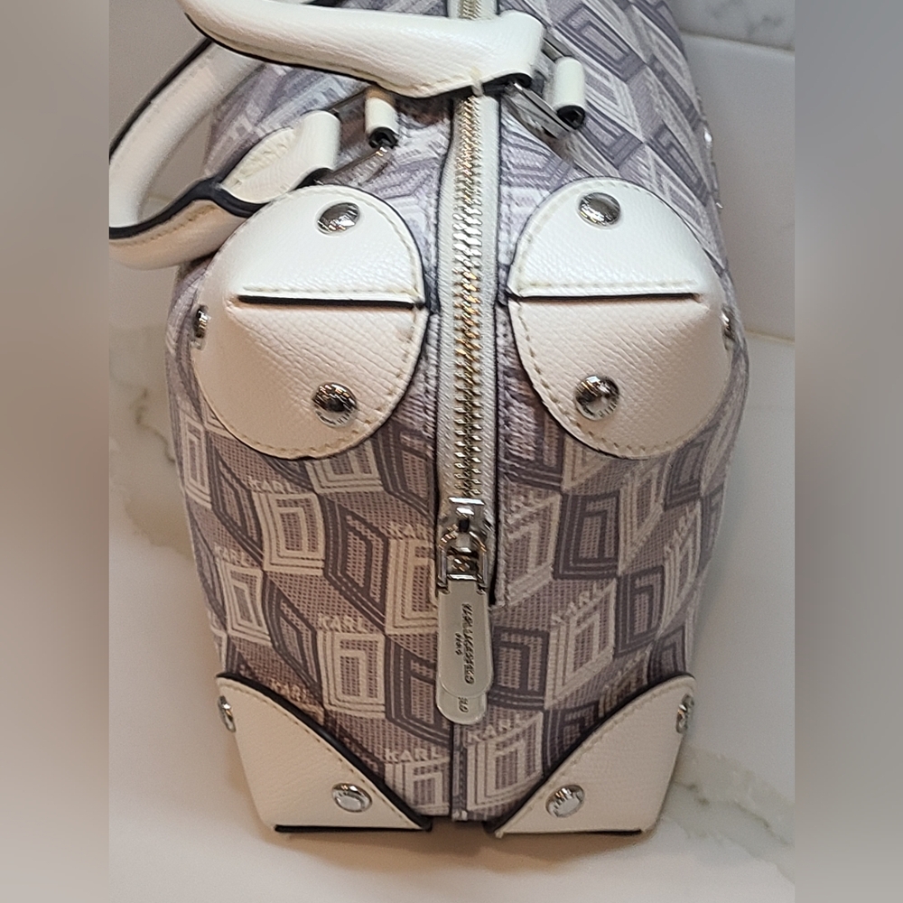 KARL LAGERFELD Valette Logo Leather Double Top Handle Bag WHITE/GRAY - Picture 9 of 11